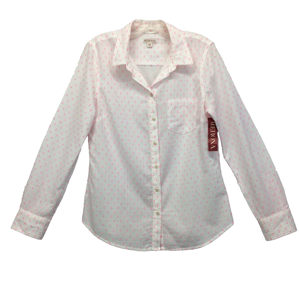 Merona Button Up Top Women's Size M White Pink Accents Casual Lightweight Travel